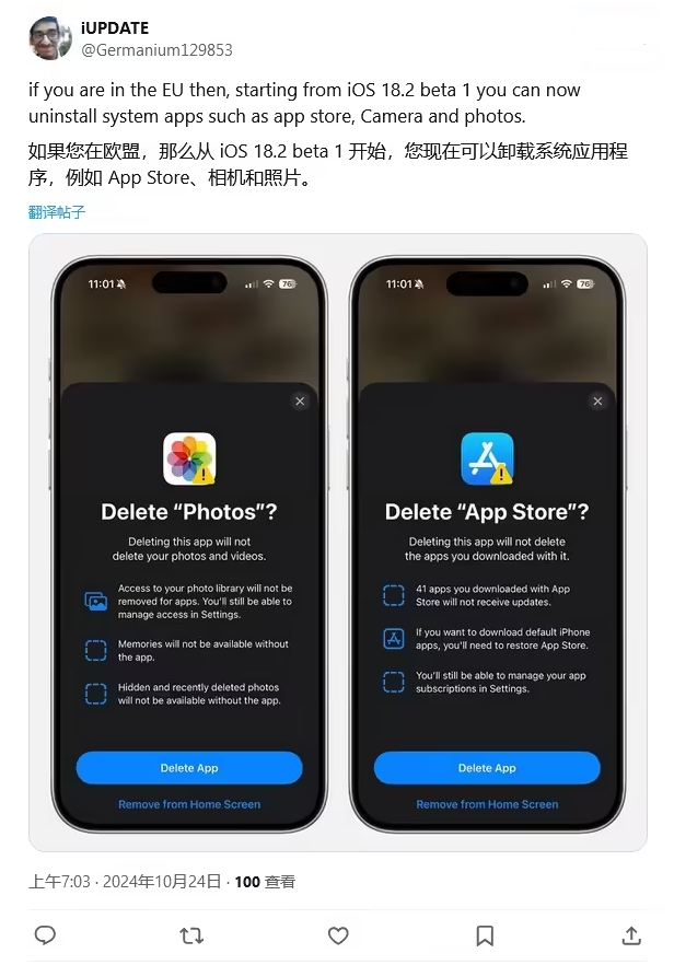 瓮安苹果手机维修分享iOS 18.2 支持删除 App Store 应用商店 