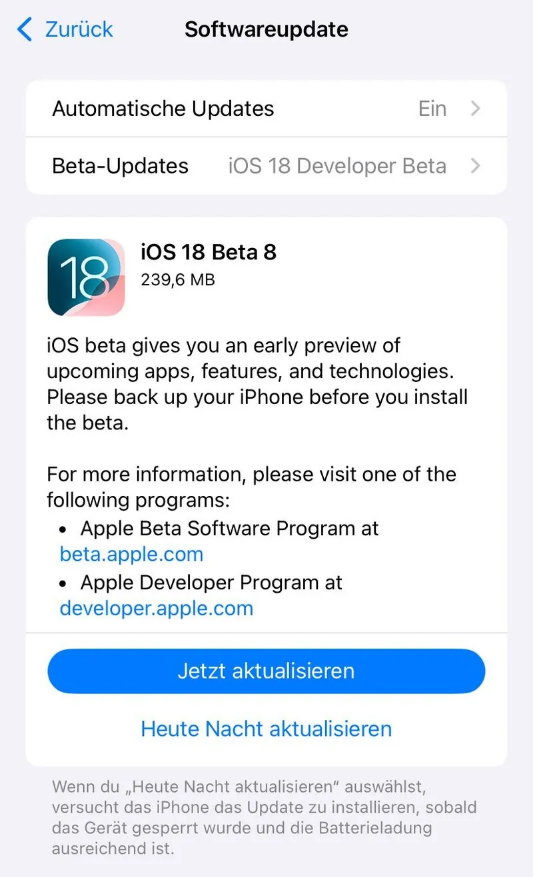 瓮安苹果手机维修分享苹果 iOS / iPadOS 18 开发者预览版 Beta 8 发布 